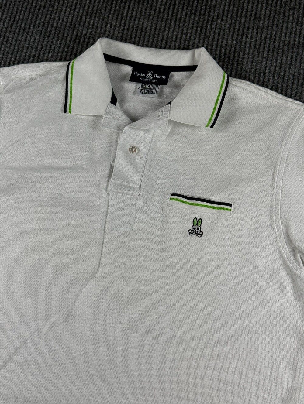 Psycho Bunny Polo Mens 7/ XL White Black Green Trim Pima Cotton Skull Bunny